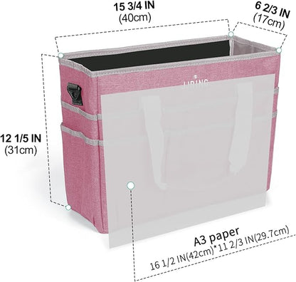 JJRING Craft Organizer Tote Bag, Large Art Storage Caddy with Multiple Pockets, Pink Sewing Bag for Art, Craft, Scrapbooking, Medical, and Office Supplies Storage