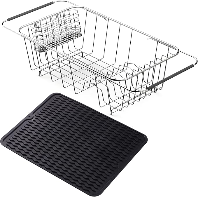 NiuYichee Stainless Steel Dish Drying Rack(14.2"L x 9.5"W x 4.1"H), Expandable Fruit & Vegetable Drain Rack over Sink, Dish Drainer Rack in Sink, with Stainless Steel Utensil Holder & 16" Silicone Mat