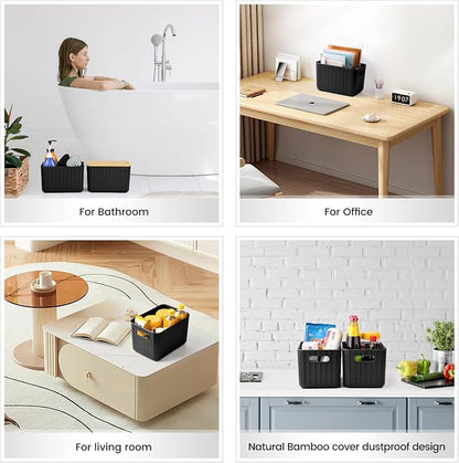Ohmlove 4 Packs Storage Bins with Bamboo Lids - Plastic Storage Containers with Lids Stackable Storage Box: Storages Baskets for Organizing Desktop Closet Playroom Classroom Office, Black