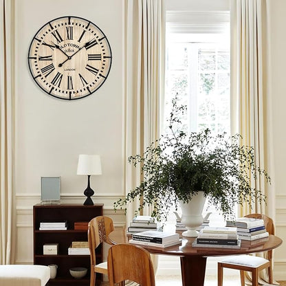 Rustic Farmhouse Wall Clock 24 Inch, Vintage Oldtown London Wooden Large Clock with Silent Tick, for Bedroom, Office, Kitchen, Indoor Home Decoration