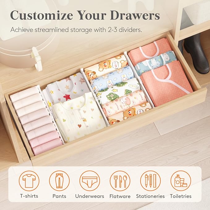 Lifewit Drawer Dividers for Clothes, 3.2" High 10.5"-16.5" Expandable Dresser Drawer Organizers, Adjustable White Plastic Separators for Kitchen, Cabinet, Nursery, Socks & Underwear Storage, 8 Pack