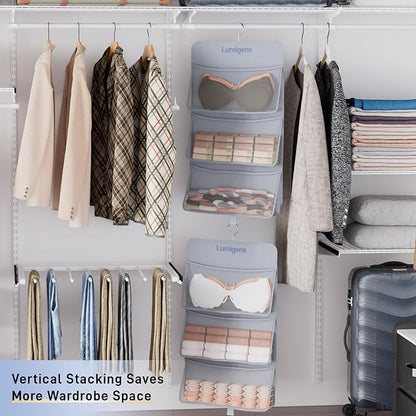 Lumigens Hanging Sock & Underwear Organizer, Hanging Closet Organizer with Pockets, Bra Hanger for Closet Organizer with 360° Rotating Hook, Space Saving Hanging Storage for Wall, Bedroom, RV