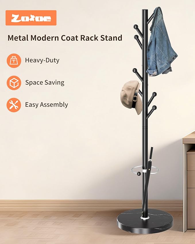 ZOZOE Metal Coat Rack Stand, Modern Coat Rack Freestanding with Natural Marble Base, Sturdy Industrial Coat Racks with 8 Hooks & Umbrella Holder,Black Coat Tree Hanger Stand for Entryway,Office