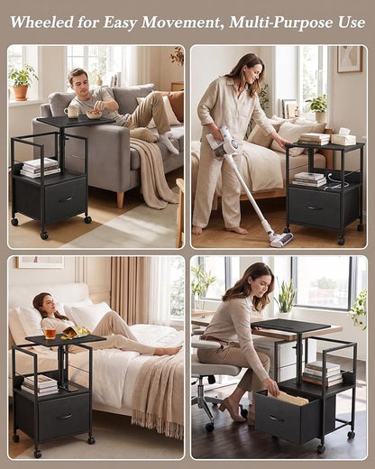 Faesun Swivel Lift Top Nightstand with Charging Station, Rolling Side Table for Recliner, Bedside Table with Wheels & a Fabric Drawer, for Small Spaces, for Bedroom, Living Room, Black