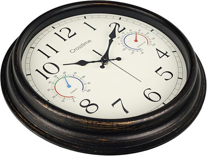 16 Inch Waterproof Outdoor Clock with Thermometer & Hygrometer Combo – Bronze Retro Vintage Decor Indoor Outdoor Wall Clocks for Patio, Pool, Backyard, Garage