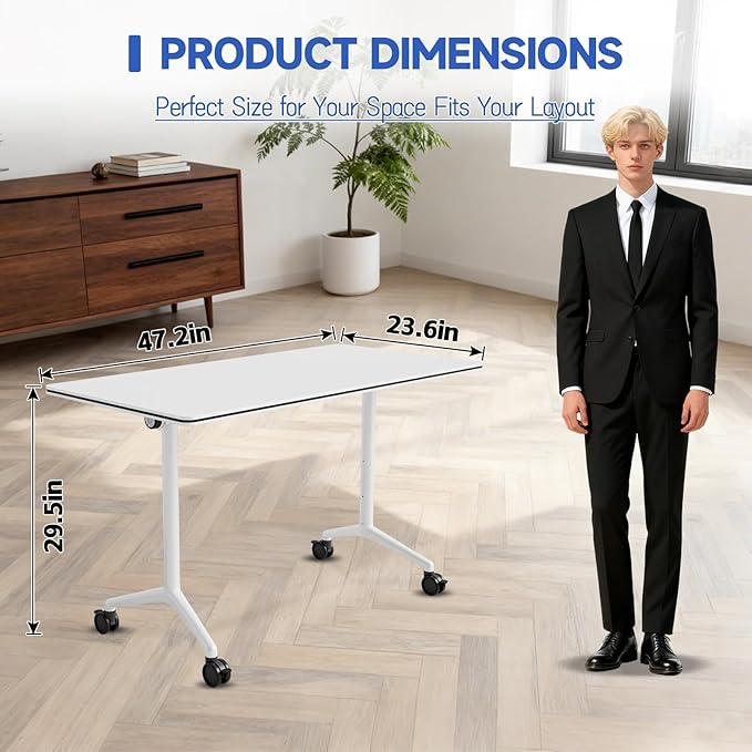Folding Conference Table,Mobile Flip Top Conference Room Table with Locking Wheels, Rectangular Morden Desk for Office Meeting Training and Home Office (6, 47.2" x 23.6" x 29.5")