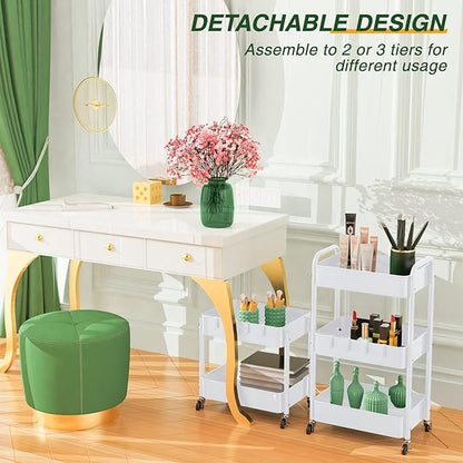 LEHOM 3 Tier Rolling Storage Cart, Metal Trolley Utility Cart with Wheels & Hooks, Easy Assembly Organizer Storage Cart for Bathroom Kitchen Office Bedroom