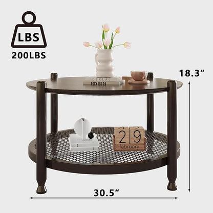 NSdirect 32" Round Coffee Table for Living Room, 2-Tier Solid Wood Center Table for Home Decor with Boho Woven Rattan Storage Shelf | Modern Farmhouse Design, Easy Assembly, Black Brown