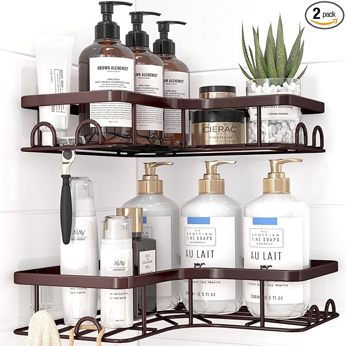 Sakugi Corner Shower Caddy - 2 Pack, Adhesive Shower Organizers, Rustproof Stainless Steel Shower Shelves with 8 Hooks, No Drilling Bathroom Organizers and Storage Racks, Space-Saving, Brown, Medium
