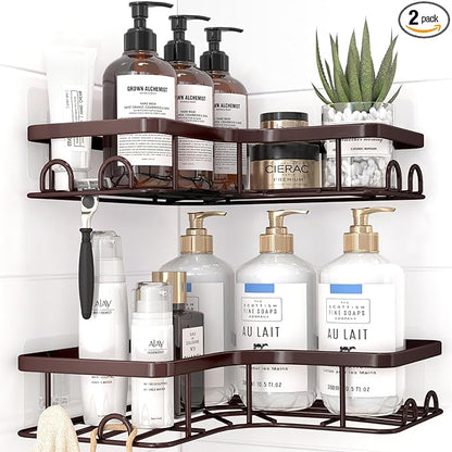 Sakugi Corner Shower Caddy - 2 Pack, Adhesive Shower Organizers, Rustproof Stainless Steel Shower Shelves with 8 Hooks, No Drilling Bathroom Organizers and Storage Racks, Space-Saving, Brown, Medium