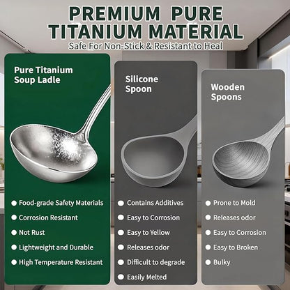 Newness Soup Ladle and Solid Turner, [Rustproof, Heat Resistance] Resilient Pure Titanium Soup Spoon and Turner with Long Ergonomic Natural Wooden Round Handle, Non-Toxic Cooking Spoon for Kitchen