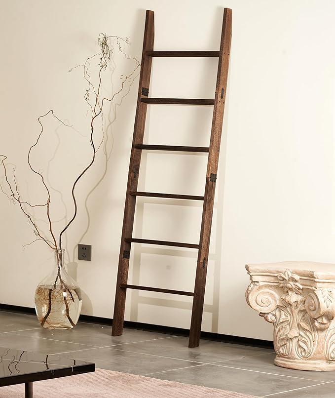 Blanket Ladder for the Living Room 6-Tier, Wooden Decorative Quilt Holder for Bed room, Wall-Leaning Towel Rack for Bathroom，Rustic Farmhouse Ladders for Display. (Dark Brown)