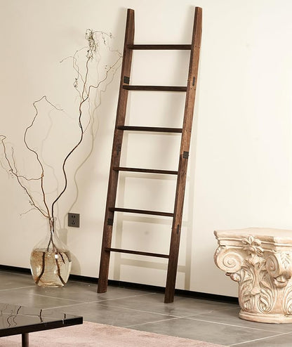 Blanket Ladder for the Living Room 6-Tier, Wooden Decorative Quilt Holder for Bed room, Wall-Leaning Towel Rack for Bathroom，Rustic Farmhouse Ladders for Display. (Dark Brown)