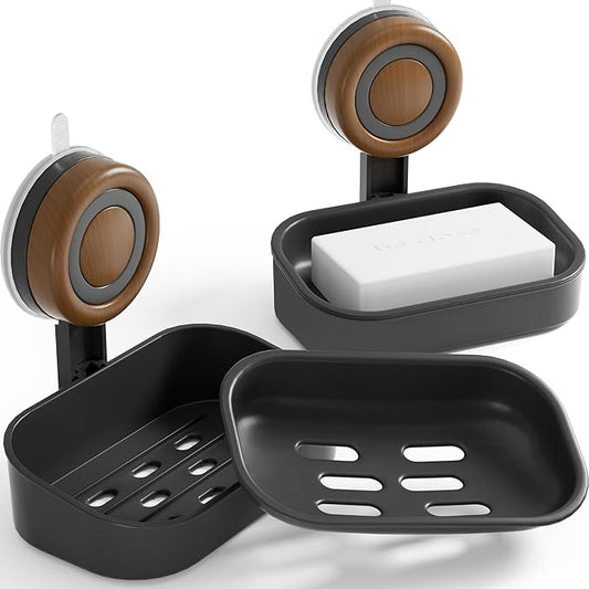 Double Layer Soap Dish for Shower 2 Pack, Wall Mounted Bar Soap Holder Suction Cup 2 Layer Self Draining Soap Case Sponge Holder for Shower Bathroom, Tub and Kitchen Sink, Black