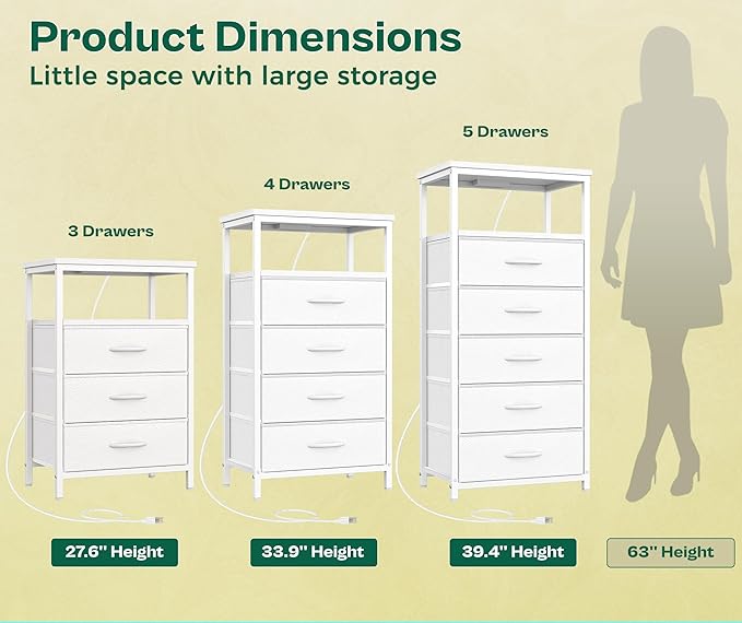 Huuger White Dresser with 5 Drawers & Charging Station, Tall Dresser for Bedroom, Tall Night Stand with PU Leather Finish, Open Shelf, Nightstand for Bedroom, Closet, Hallway, Entryway