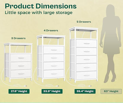 Huuger White Dresser with 5 Drawers & Charging Station, Tall Dresser for Bedroom, Tall Night Stand with PU Leather Finish, Open Shelf, Nightstand for Bedroom, Closet, Hallway, Entryway