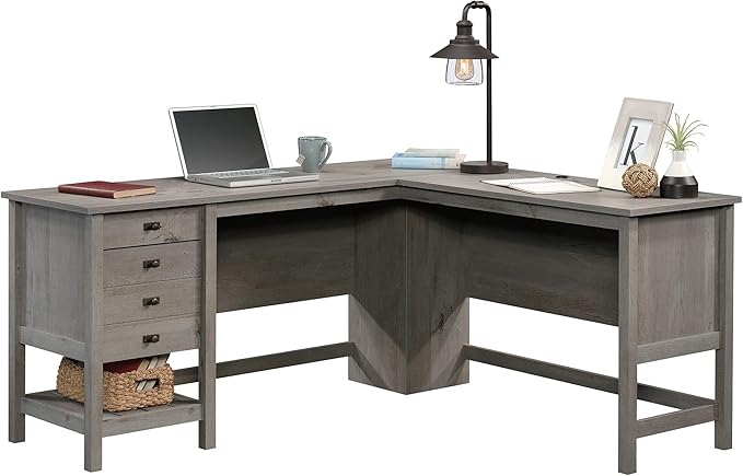 Sauder Cottage Road L Shaped Desk Computer Desk with Drawers, Home Office Desk with Optional File Cabinet Storage, Cable Management, in Mystic Oak Finish