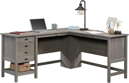 Sauder Cottage Road L Shaped Desk Computer Desk with Drawers, Home Office Desk with Optional File Cabinet Storage, Cable Management, in Mystic Oak Finish
