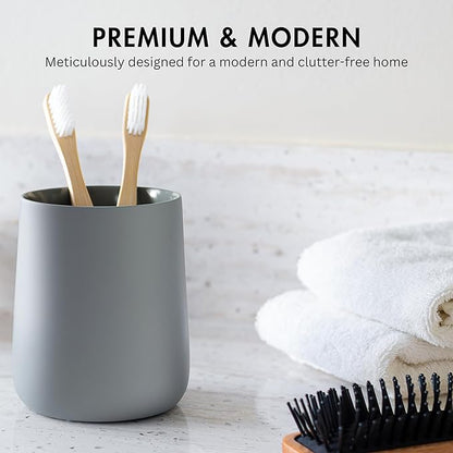 Yew Design Matte Gray Toothbrush and Toothpaste Holder and Cup for Bathroom Vanity and Countertop, Round Organizer for Electric Toothbrushes, Floss, Razors, Cotton, and Mouthwash