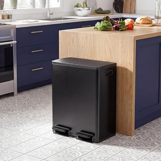 DUMOS Kitchen Double Trash Can, 2x8-Gallon Dual Trash Can with Lid, Stainless Steel Garbage Bin with 2 Removable Inner Buckets, Soft-Close Foot Pedal for Kitchen, Home, Office, Matte Black