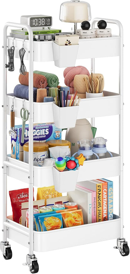 Heavy Duty 4 Tier Rolling Storage Cart Metal with Wheels, White Four Tiered Utility Roller Carts Organizer on Wheels for Art, Craft, Baby Diaper Caddy, Snack, Book, Large-Capacity Shelving Units, 37in