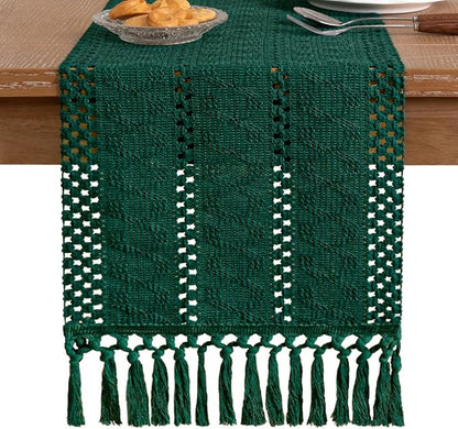 Socomi Boho Table Runner Macrame Valentine's Day Farmhouse Woven Cotton Linen Rustic Coffee Table Runner with Tassels for Small Dresser Scarf Home Decor Dining Room 12x72 inch Emerald Green