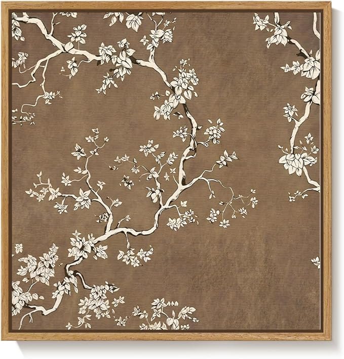 Framed Brown Botanical Square Wall Art for Room Decor, Vintage Floral Neutral Elegant Canvas Artwork for Walls, Retro Flower Blossom Painting Print for Living Room Bedroom Office Wall Decor, 24x24 In