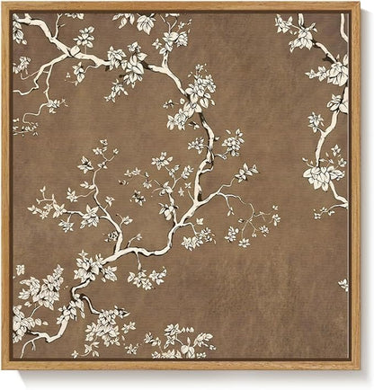 Framed Brown Botanical Square Wall Art for Room Decor, Vintage Floral Neutral Elegant Canvas Artwork for Walls, Retro Flower Blossom Painting Print for Living Room Bedroom Office Wall Decor, 24x24 In