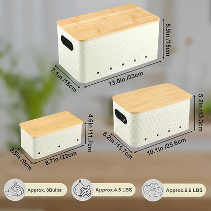 Kitchen Vegetable Storage Set of 3, Metal Onion Garlic Potato Storage Set, Kitchen Canisters Vegetable Keeper Containers with Aerating Holes and Bamboo Lid,Embossed Beige