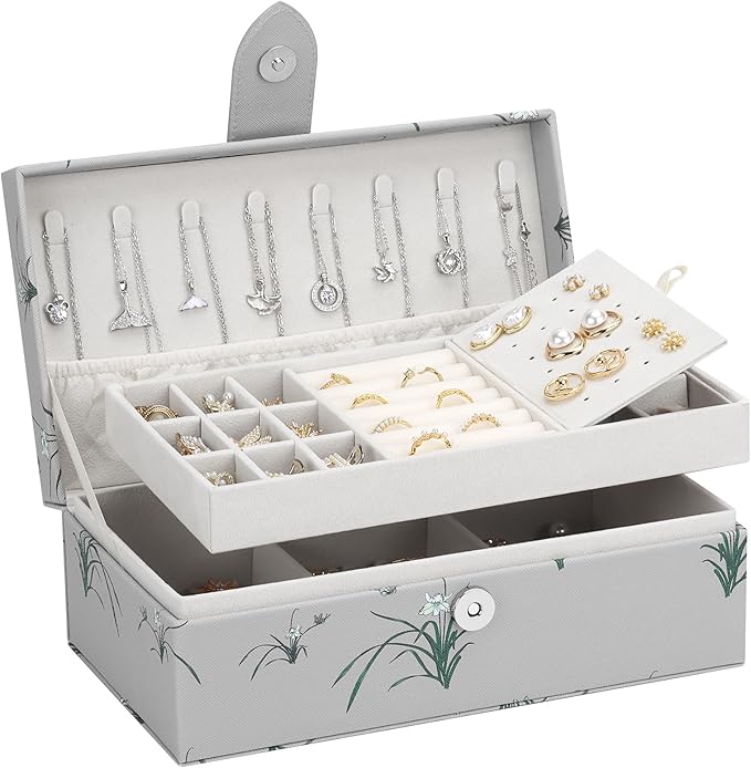DesignSter 2 Layer Large Jewelry Box for Women, Leather Jewelry Organizer with Removable Jewelry Tray, Jewelry Storage Case for Necklaces Earrings Bracelets and Rings（Orchid）