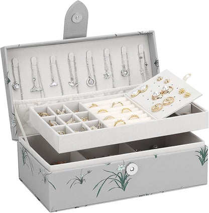 DesignSter 2 Layer Large Jewelry Box for Women, Leather Jewelry Organizer with Removable Jewelry Tray, Jewelry Storage Case for Necklaces Earrings Bracelets and Rings（Orchid）