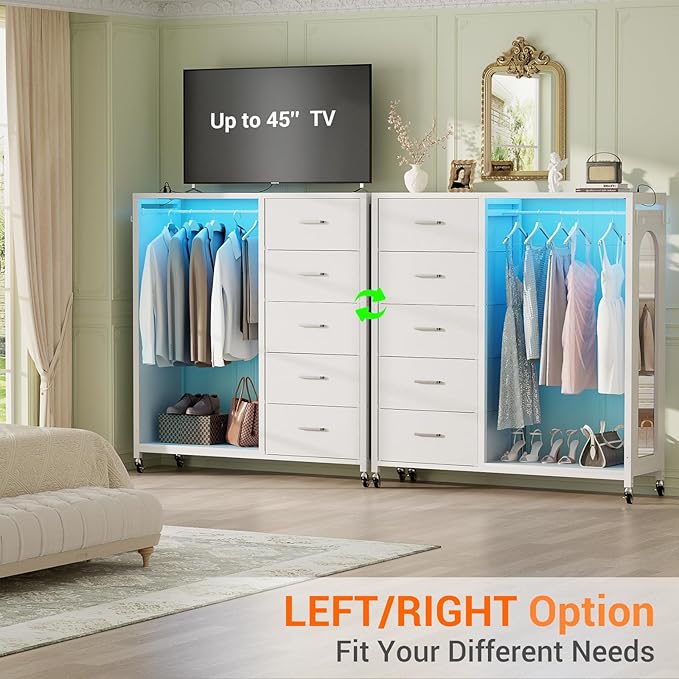 Cyclysio Dresser for Bedroom with Clothes Rack & Mirror, 5 Fabric Drawers Dresser with Charging Station & LED Lights, Rolling Chest of Drawers with Wheels, Full Length Mirror, Wooden Top, Closet