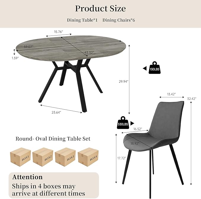 Extendable Round Dining Table Set for 6 People, 43.3"-59.1" Extendable Kitchen Table with 6 Upholstered Chairs, Space Saving for Kitchen Dining Room (Grey Table+6 Grey Chairs)