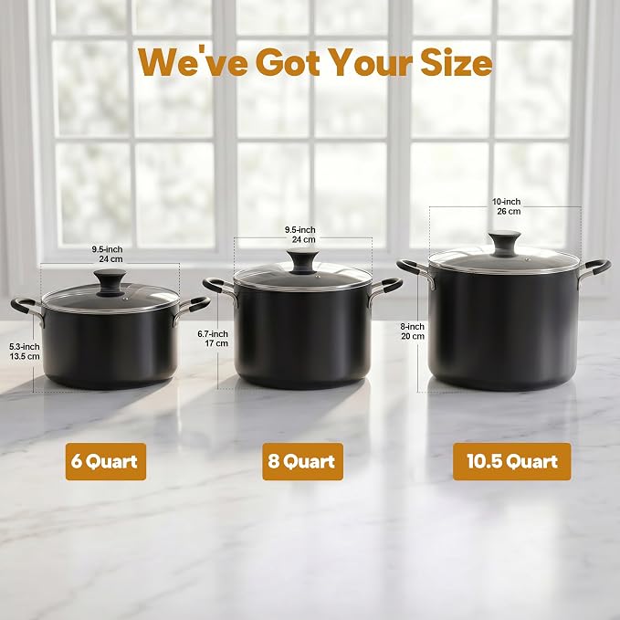 Cook N Home Professional 8 Quart Nonstick Stock Pot with Lid, Riveted Handles, Big Soup Pot for Holiday Feasts, Stockpot with Even Heating, Induction Cookware, Oven & Dishwasher Safe, Black