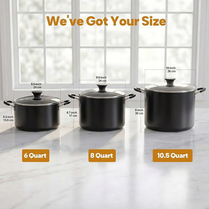 Cook N Home Professional 8 Quart Nonstick Stock Pot with Lid, Riveted Handles, Big Soup Pot for Holiday Feasts, Stockpot with Even Heating, Induction Cookware, Oven & Dishwasher Safe, Black
