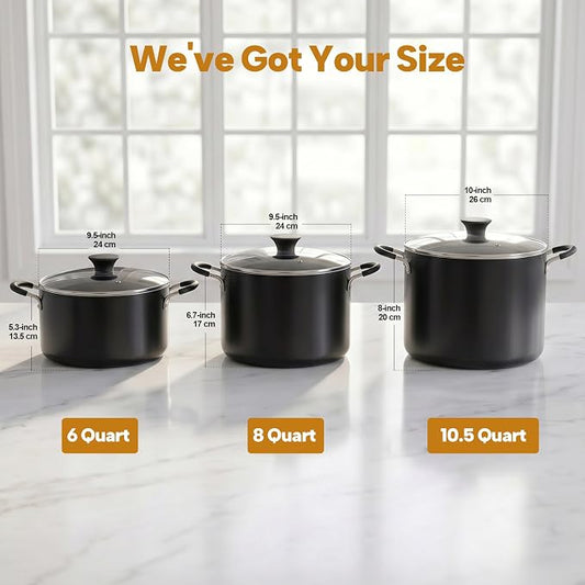 Cook N Home Professional 10.5 Quart Non stick Stock Pot with Lid, Riveted Handles, Big Soup Pot for Holiday Feasts, Stockpot with Even Heating, Induction Cookware, Oven & Dishwasher Safe, Black