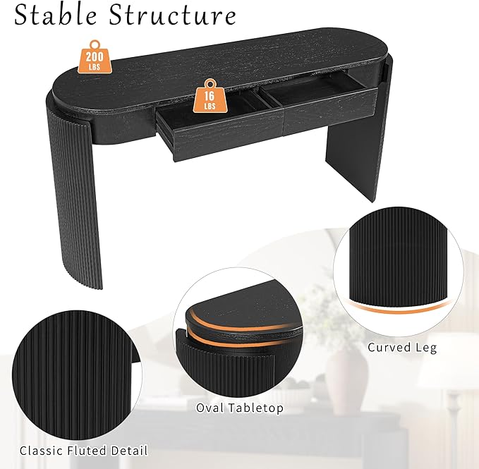 LKTART 55" Sofa Table with Oval Top and 2 Drawers, Entryway Console Table with Fluted Design for Hallway,Foyer,Entry and Living Room (Easy Assembled-Black)