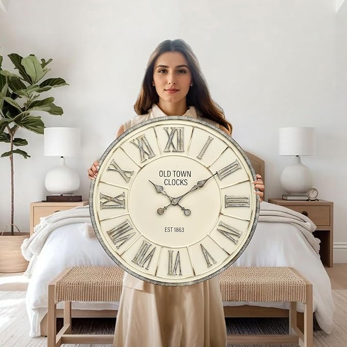 EMAX HOME Farmhouse 24 Inch Wooden Large Wall Clock, Silent Non-Ticking Quartz Movement, Battery Operated Modern Rustic Clock for Living Room, Kitchen, Office, Home Decor