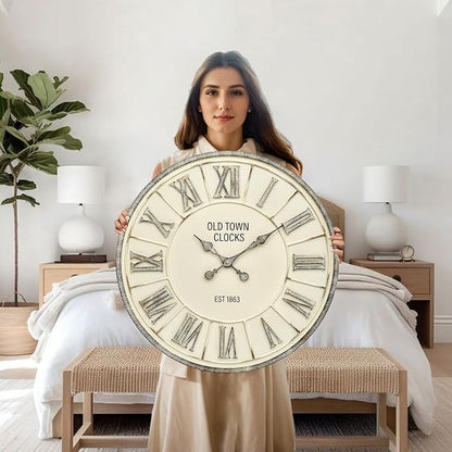 EMAX HOME Farmhouse 24 Inch Wooden Large Wall Clock, Silent Non-Ticking Quartz Movement, Battery Operated Modern Rustic Clock for Living Room, Kitchen, Office, Home Decor