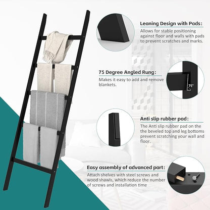 WTZ Bamboo Blanket Ladder, 5-Layer Towel Racks, Blanket Holder with Anti-Slip Construction Home Decor, Decorative Blanket, Quilt, Towel, Scarf Ladder Shelves for Livingroom, Bedroom, Bathroom, Black