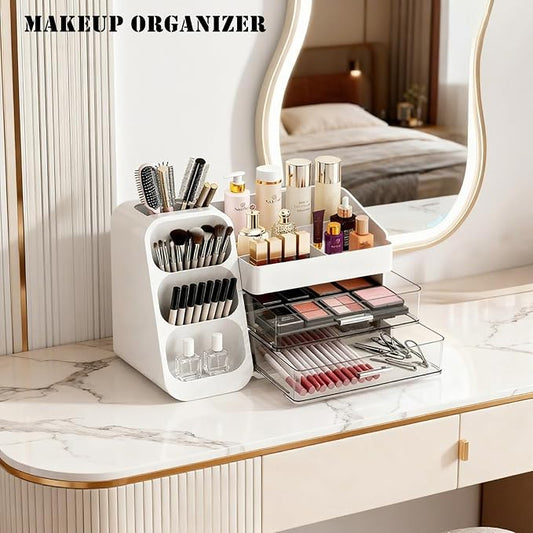 Bathroom Countertop Makeup Organizer with Brush Holder, Large Cosmetic make up storage organizers with 2 Drawers for Vanity Counter top, Makeup Caddy for skincare, lipsticks, hairbrush