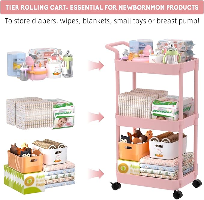 Volnamal Diaper Caddy - Plastic Diaper Organizer for Nursery Essentials, Baby Organizers and Storage, Movable Cart for Changing Table & Crib, Baby Registry Search, Pink