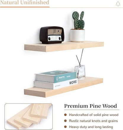Marsmiles Natural Wood Floating Shelves | 24 Inch Unfinished Wood Wall Shelves Set of 2 | 24" W x 6.7" D Rustic Wooden Shelves for Bathroom Kitchen Living Room Bedroom