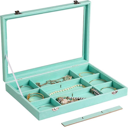 Frebeauty Velvet Jewelry Tray,12 Grid Jewelry Organizer with Clear Lid,Bracelets Holder,Jewelry Display Case with Clasp,Drawer Insert Bangle Brooch,13.8 x 9.5 x 2 Inches,Gift for Women Girl(Turquoise)