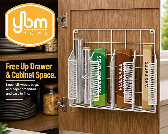 YBM HOME 4-Compartment Wall Mount Kitchen Storage Organizer Holder Basket Pantry Caddy Wrap Rack for Aluminum Foil, Sandwich Bags - White 2232