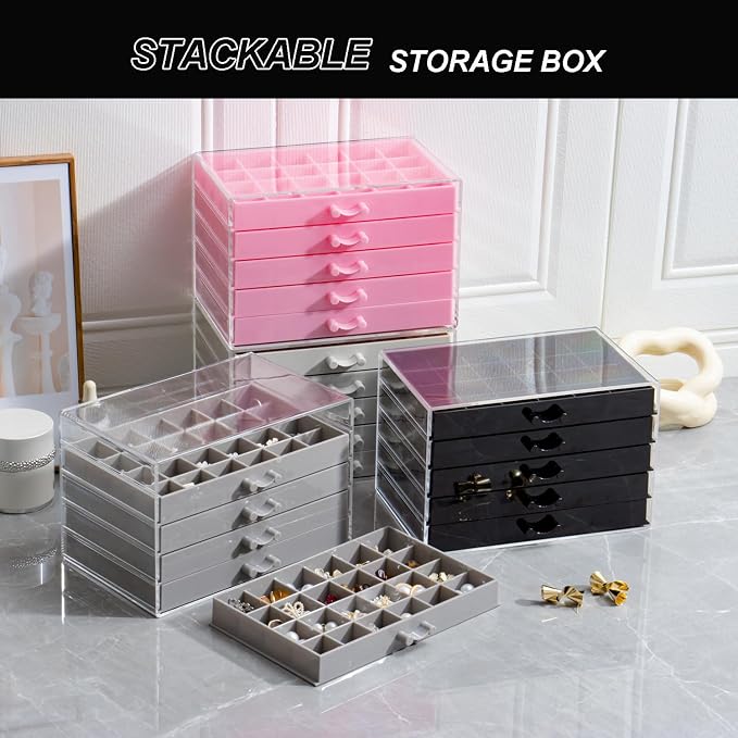 YUFONG Earring Storage Box Organizer, Acrylic Jewelry Storage Box Holder 5 Drawers Transparent Jewelry Display Stand with 120 Small Compartments Gift Boxes for Women Girls (Beige)