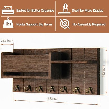 Key Holder Wall Mount - Decorative Key Rack and Mail Organizer with 7 Key Hooks - Wooden Key Hanger with Shelf for Living Room Decor - Rustic Farmhouse Home Entryway Aesthetic Essentials