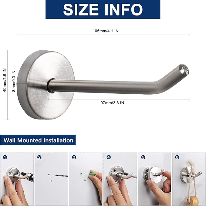 NearMoon Coat Hooks, Wall Mount Hooks for Hanging Hat Hurse Robe, 304 Stainless Steel Heavy Duty Towel Hangers for Bathroom Livingroom Hotel Kitchen Garage, 6 Pack (4 Inch, Brushed Nickel)