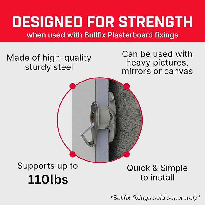 Bullfix Heavy Duty Picture Hooks 10 Pack - Steel Hanging Hardware for Masonry, Timber & Plasterboard Walls, Holds Up to 110 lbs - Heavy Duty Picture Hangers with Safety Clip
