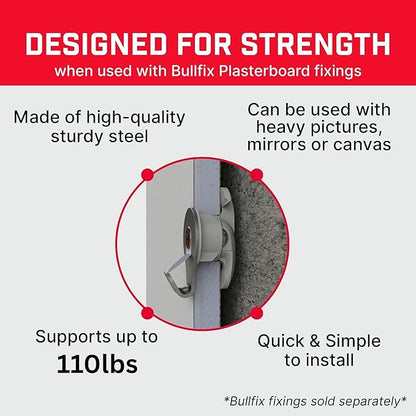 Bullfix Heavy Duty Picture Hooks 10 Pack - Steel Hanging Hardware for Masonry, Timber & Plasterboard Walls, Holds Up to 110 lbs - Heavy Duty Picture Hangers with Safety Clip